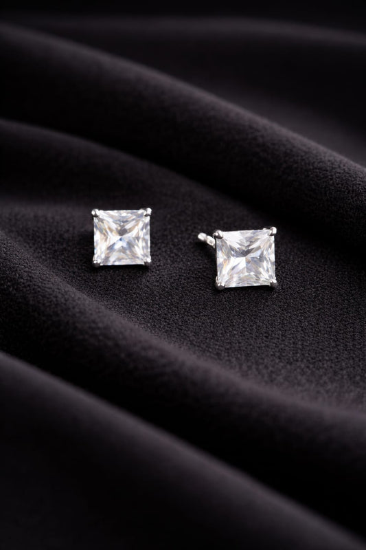 Square Solitaire 925 Silver Stud Earrings