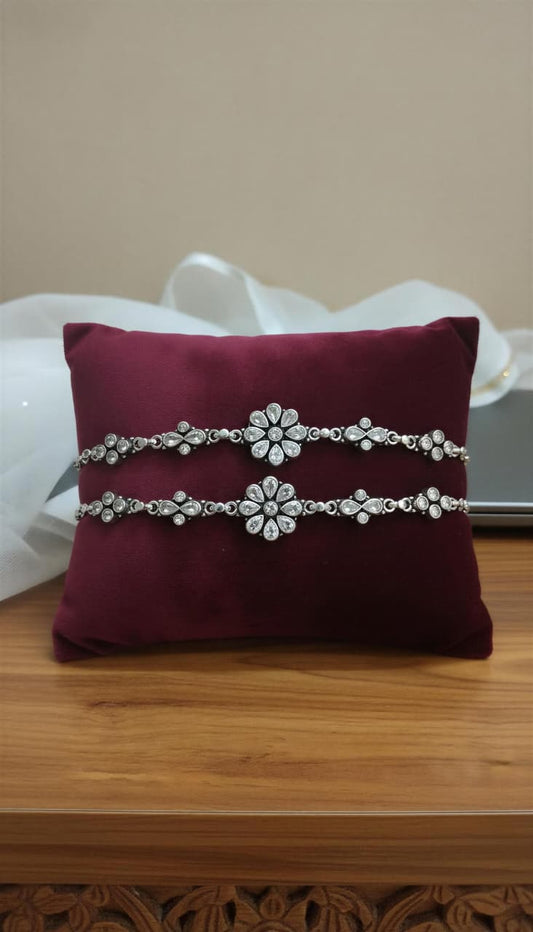 Floral Stone 925 Silver Anklet (Pair)