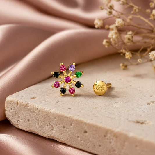 Multicolor Floral Nose Pin in 925 Sterling Silver