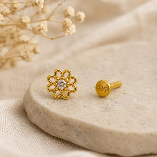 Floral Zircon Nose Pin in 925 Sterling Silver