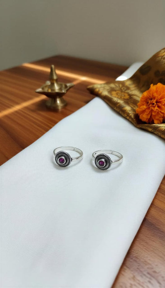 Round Stone Oxidised Silver Toe Ring (Pair)