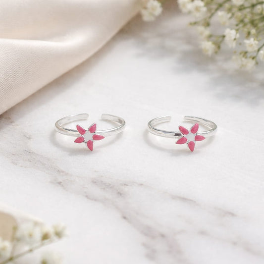 Blossom Pink Flower 925 Silver Toe Rings (Pair)