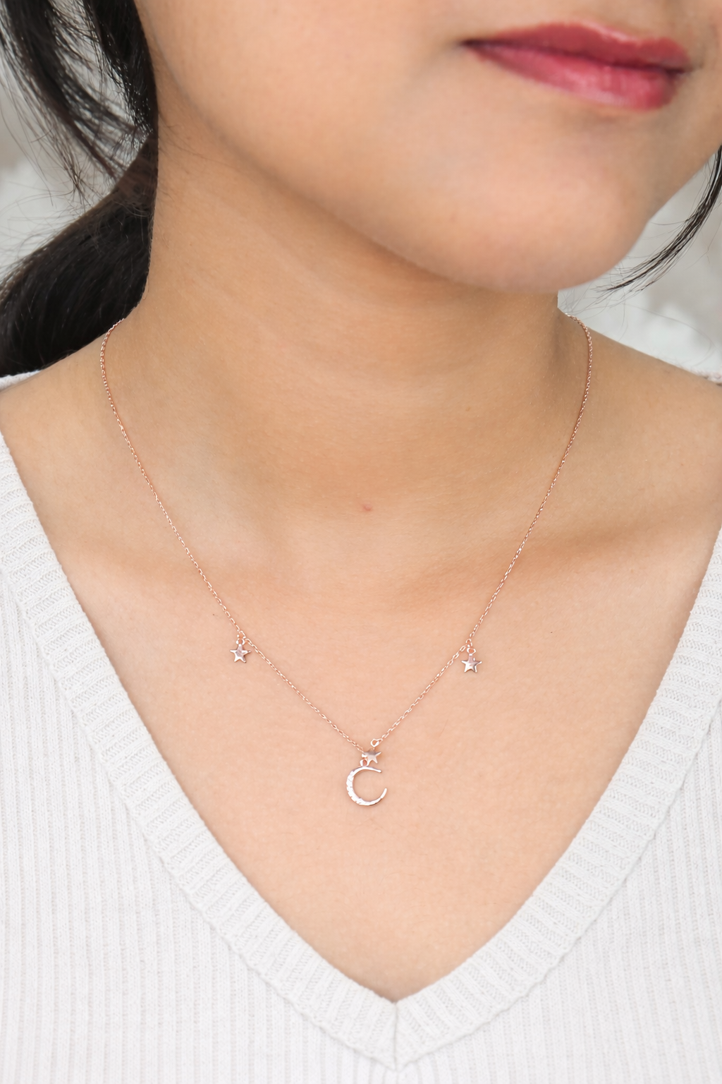 Celestial Moon & Stars Necklace – 925 Sterling Silver (Rose Gold Plated)