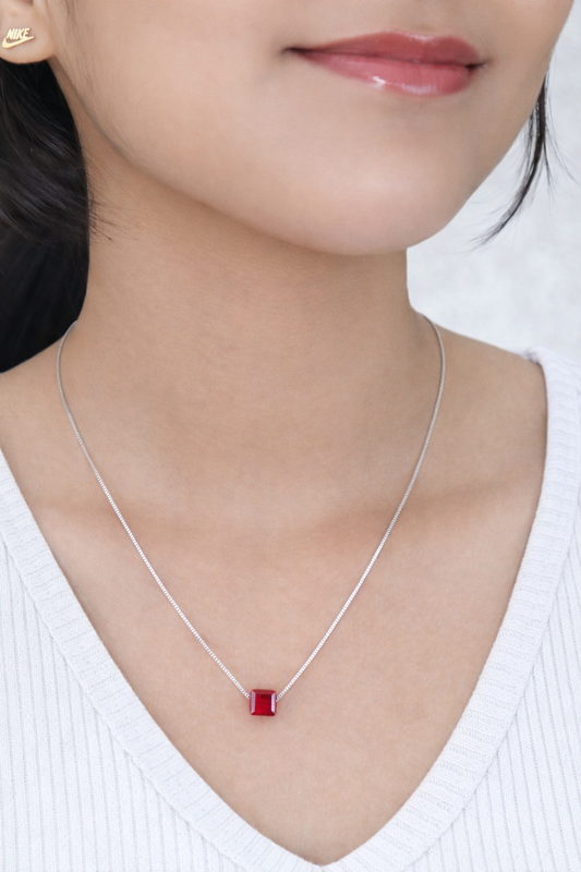 Red Crystal Cube Necklace | 925 Sterling Silver