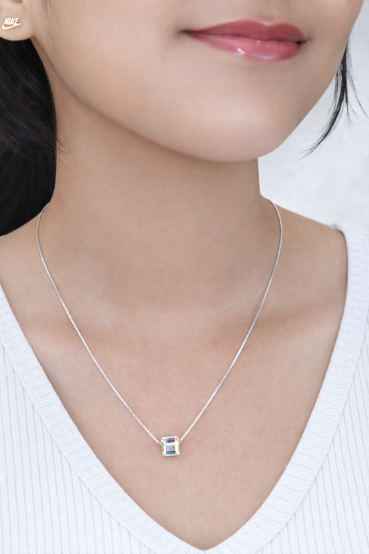 Iridescent Cube Pendant Necklace in 925 Silver