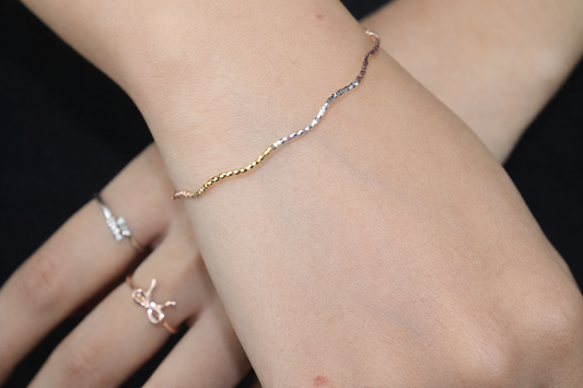 Wave Line 925 Sterling Silver Bracelet (tri-color finish in silver, gold, and rose tones)