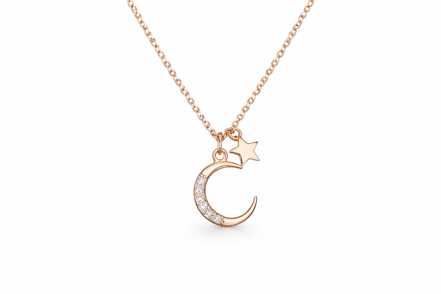 Celestial Moon & Stars Necklace – 925 Sterling Silver (Rose Gold Plated)