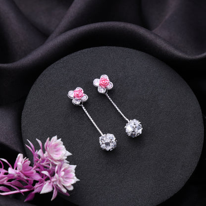 Blooming Rose Drop Pendant Necklace in 925 Sterling Silver with CZ Stones