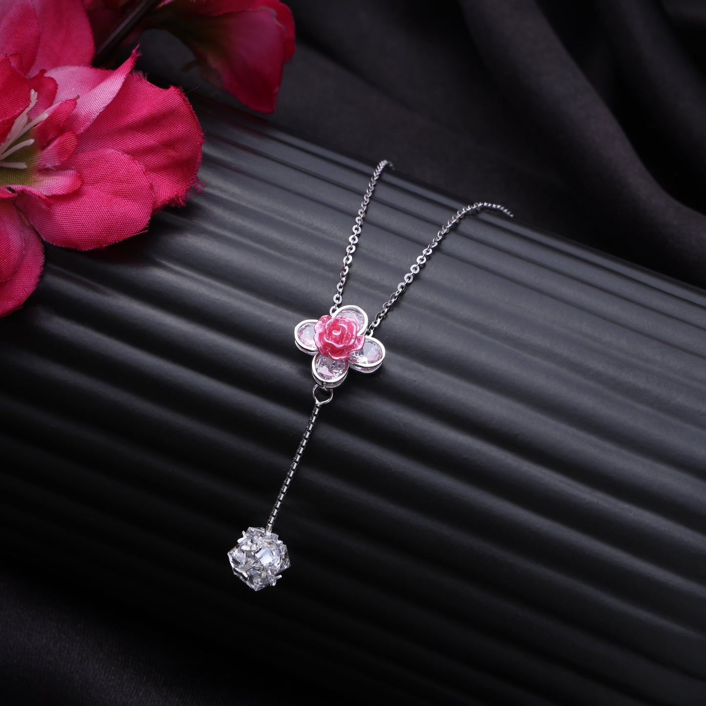 Blooming Rose Drop Pendant Necklace in 925 Sterling Silver with CZ Stones