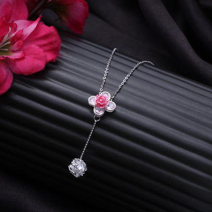 Blooming Rose Drop Pendant Necklace in 925 Sterling Silver with CZ Stones