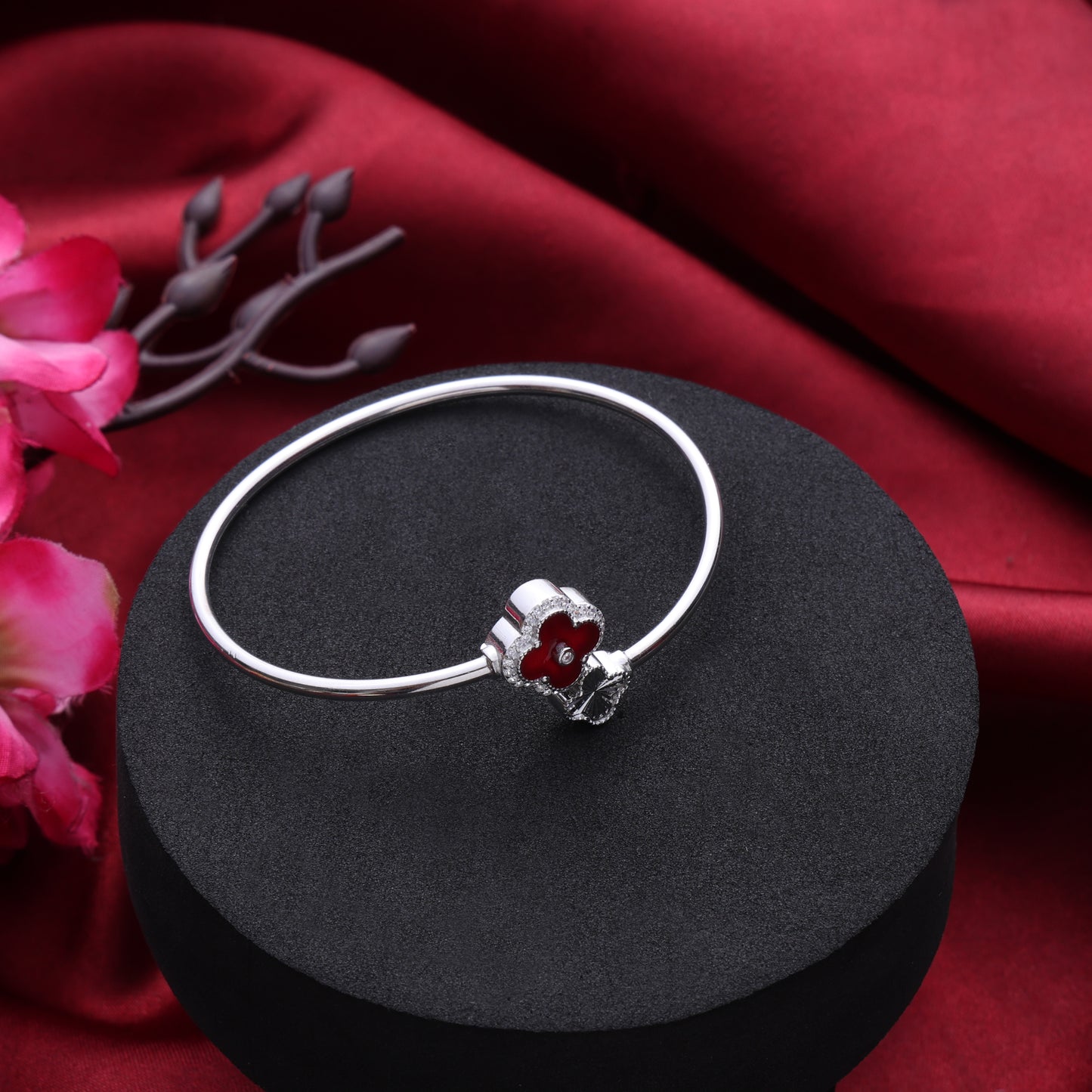 Clover Charm Silver Bangle-Blood Red