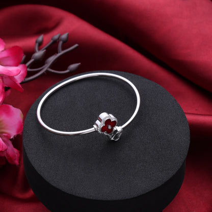 Clover Charm Silver Bangle-Blood Red