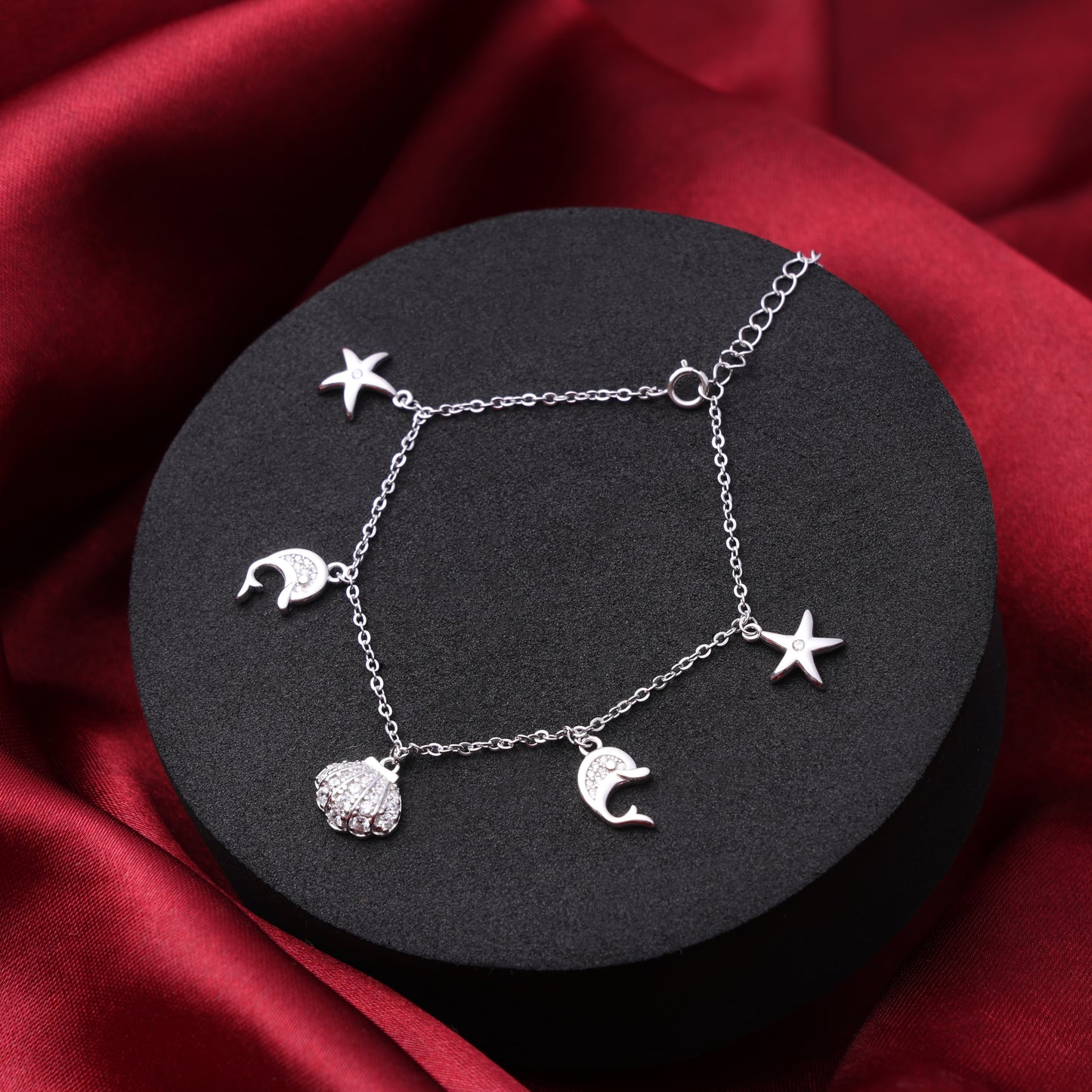 Ocean Whispers Dolphin Charm Bracelet – 925 Sterling Silver CZ Bracelet