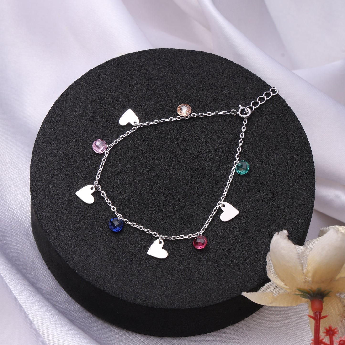 Rainbow Heart Charm Silver Bracelet