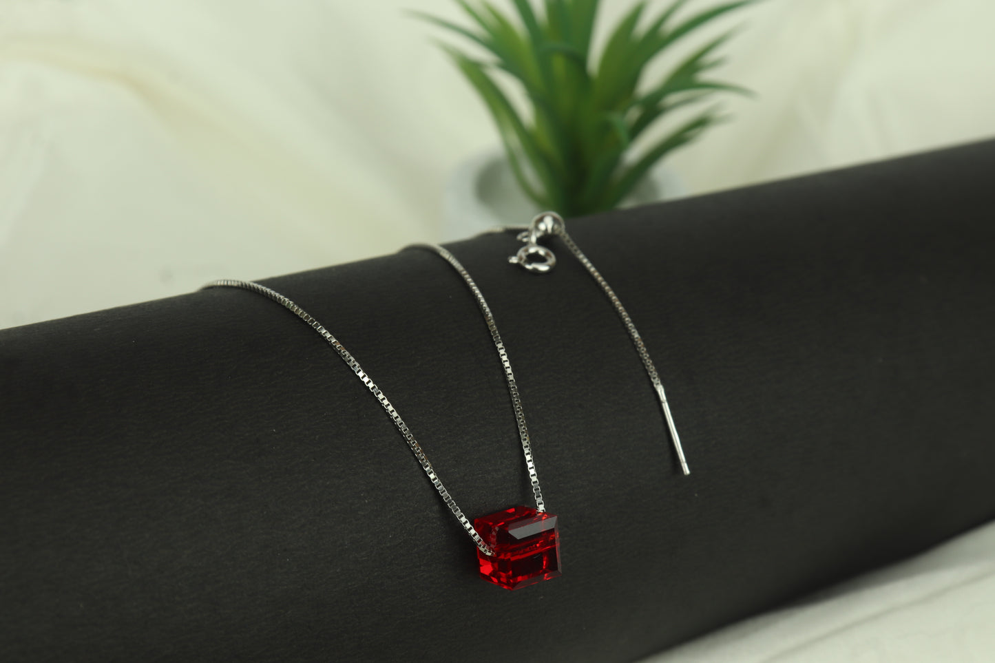 Red Crystal Cube Necklace | 925 Sterling Silver