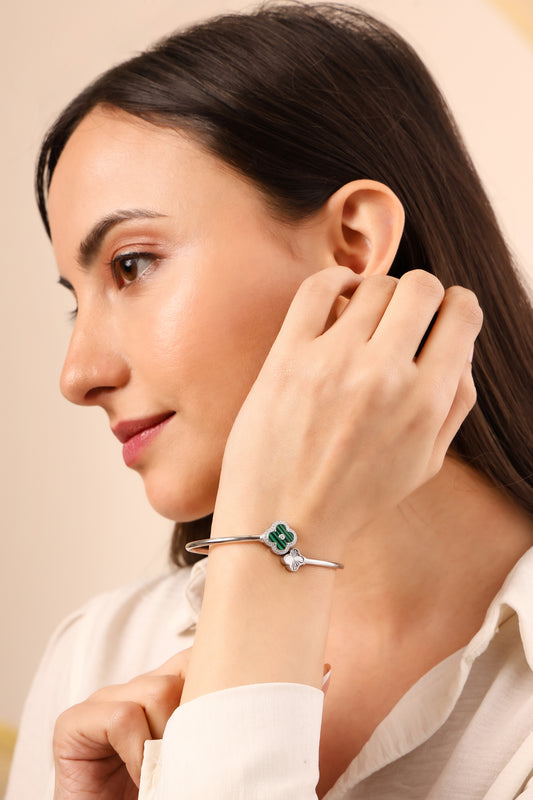 Clover Charm Silver Bangle-Green