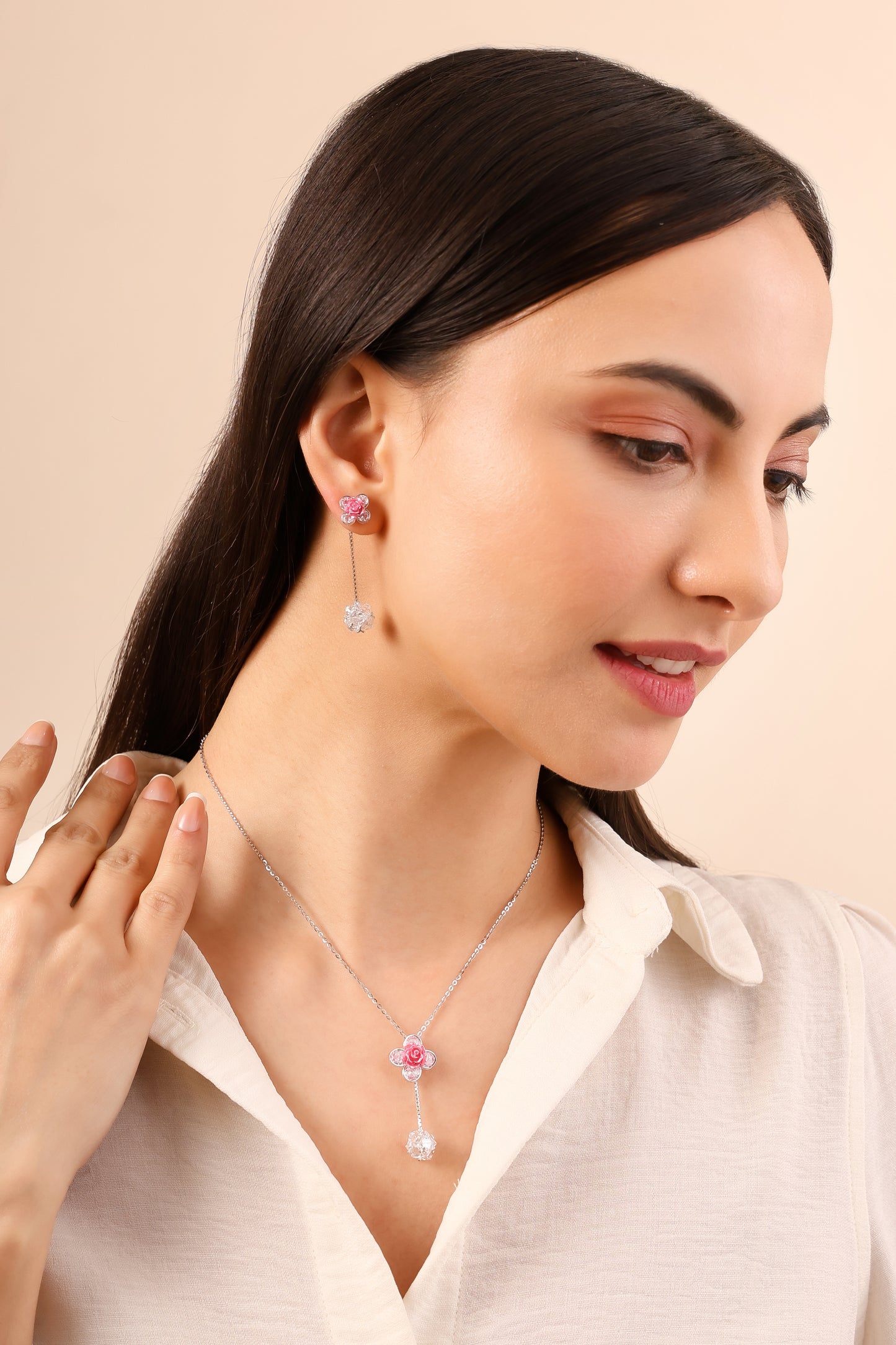 Blooming Rose Drop Pendant Necklace in 925 Sterling Silver with CZ Stones