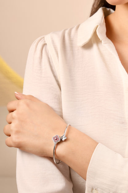 Clover Charm Silver Bangle-Blood Red
