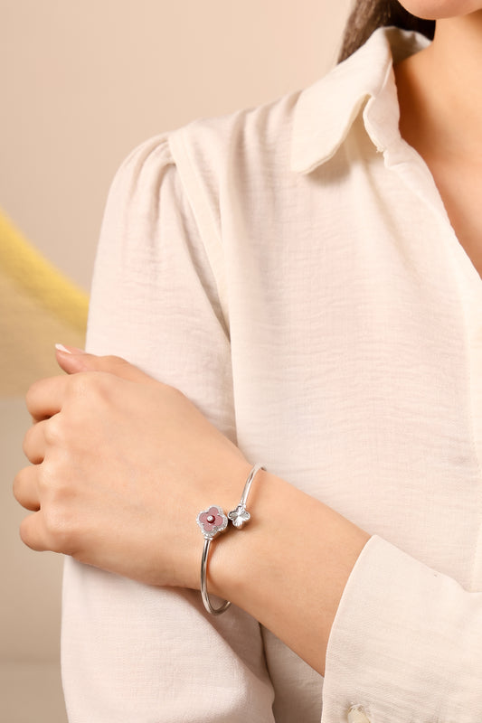 Clover Charm Silver Bangle-Blood Red