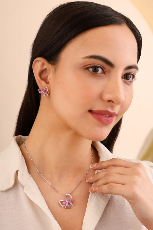 Pink Butterfly CZ Pendant Set in 925 Sterling Silver