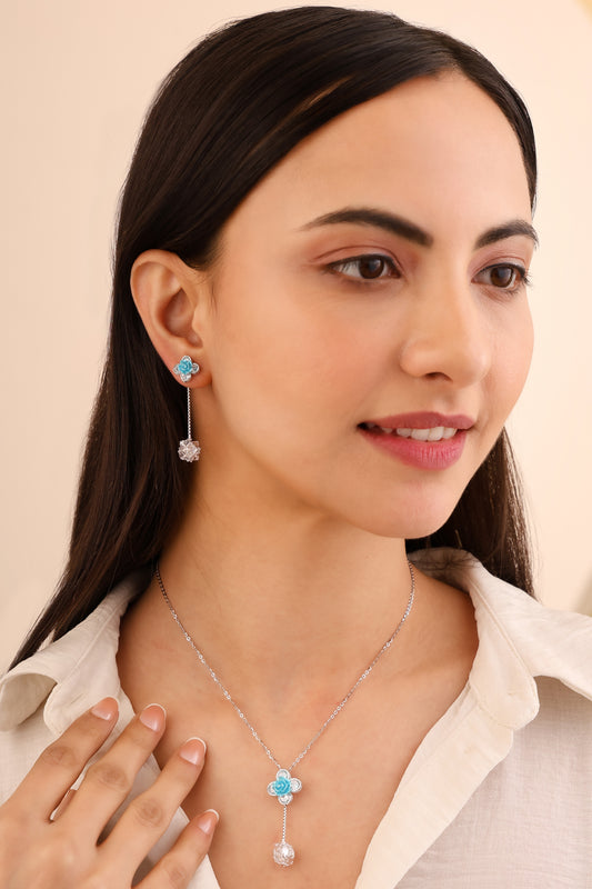 Aqua Bloom Drop Pendant & Earring Set in 925 Sterling Silver