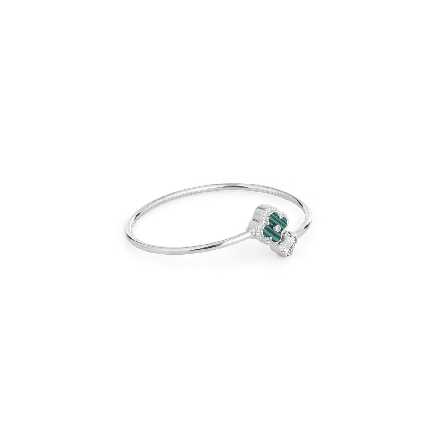 Clover Charm Silver Bangle-Green