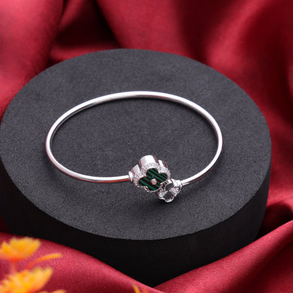 Clover Charm Silver Bangle-Green