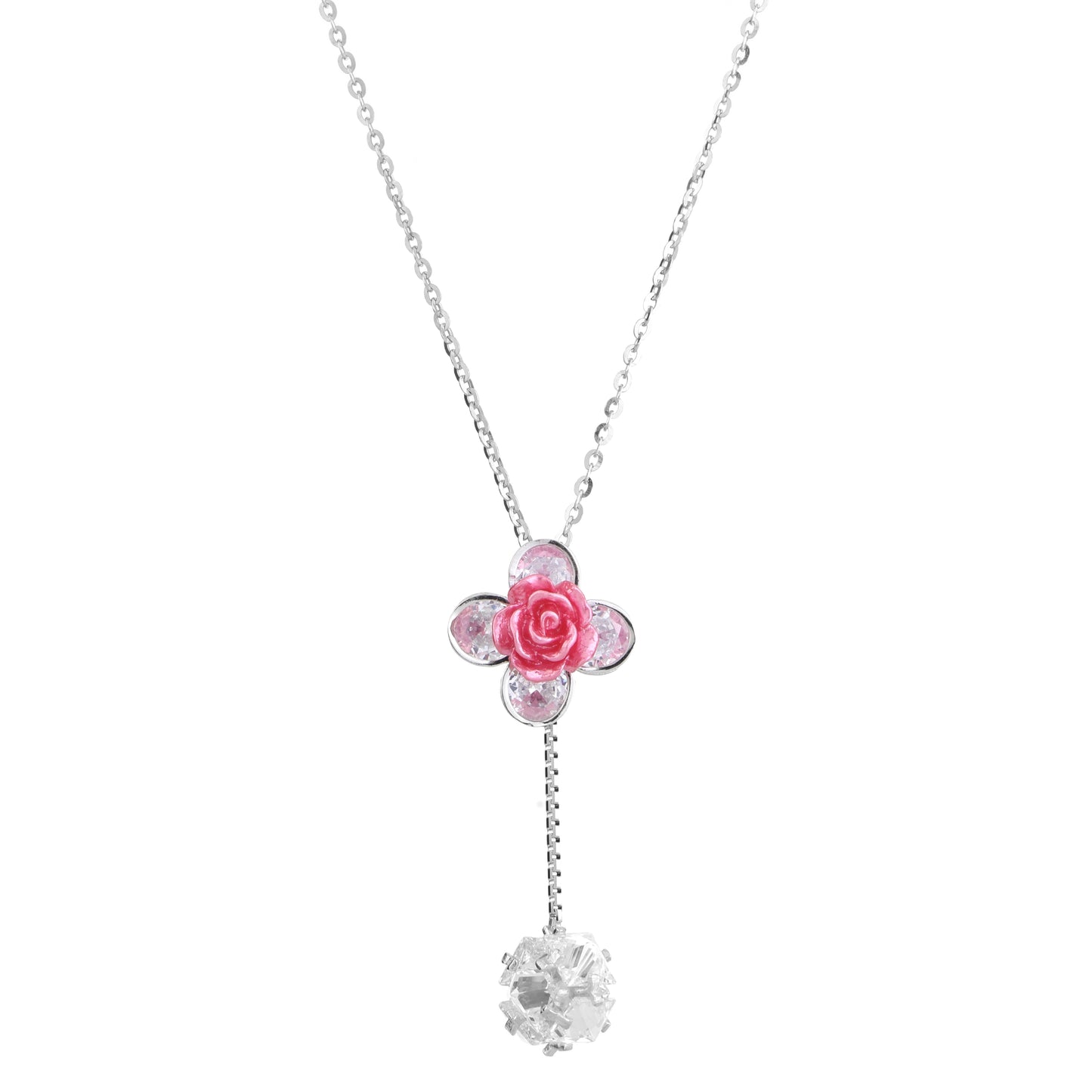Blooming Rose Drop Pendant Necklace in 925 Sterling Silver with CZ Stones
