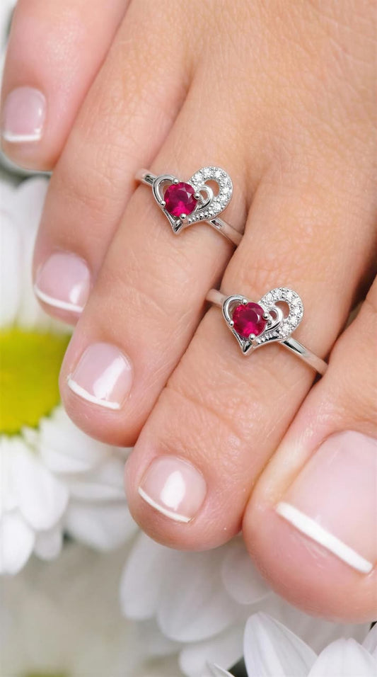 Ruby Heart 925 Silver Toe Rings (Pair)