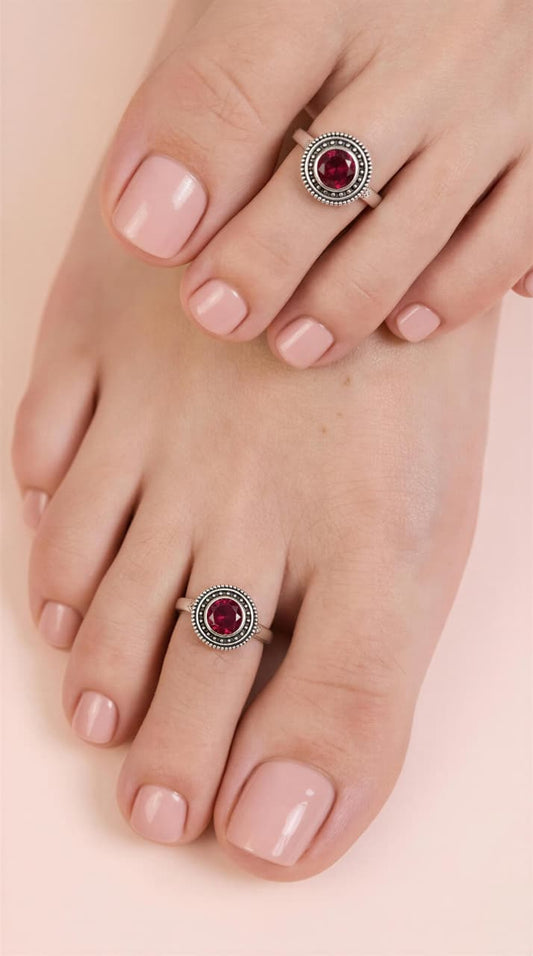 Red Stone Oxidised Silver Toe Ring (Pair)
