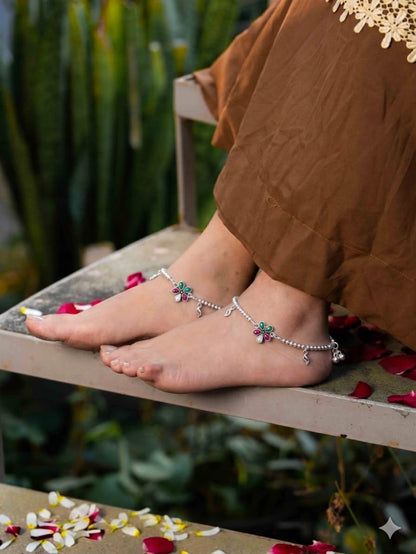 Floral Beaded 925 Silver Anklet (Pair)