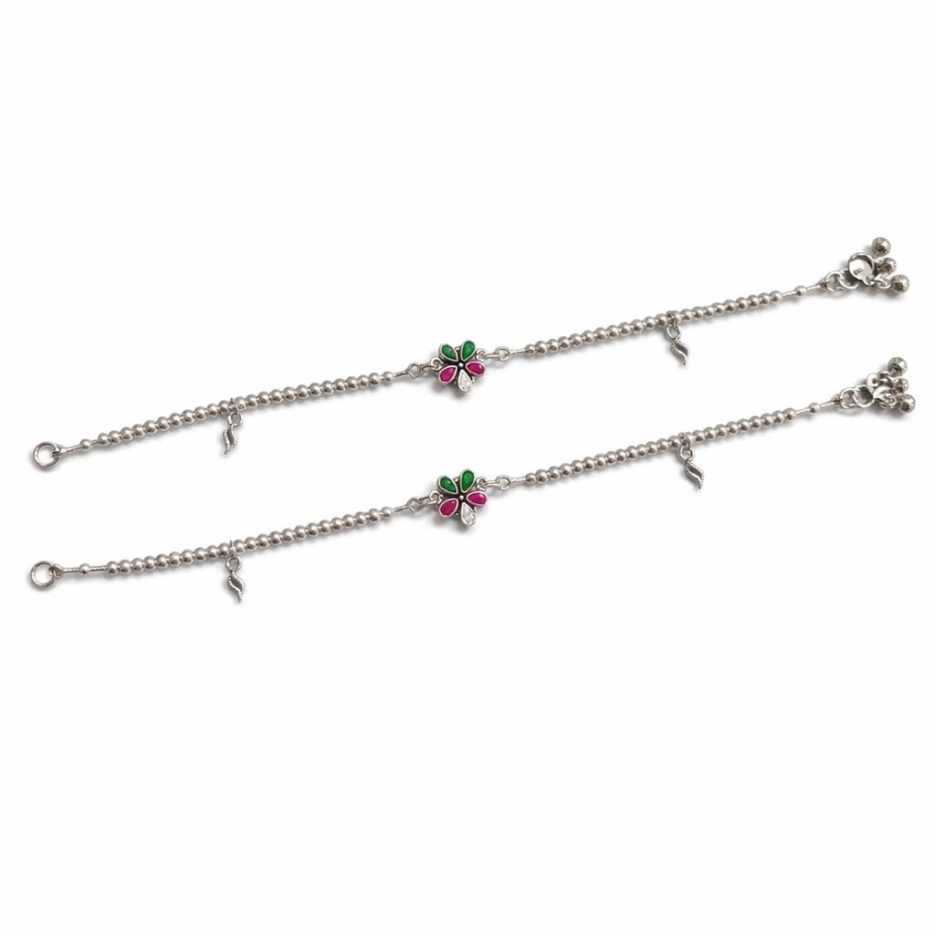 Floral Beaded 925 Silver Anklet (Pair)