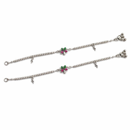 Floral Beaded 925 Silver Anklet (Pair)