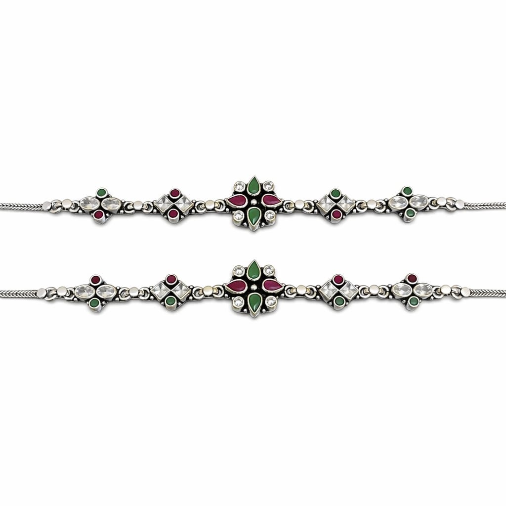 Multicolor Stone 925 Silver Anklet (Pair)