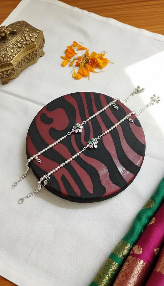 Floral Beaded 925 Silver Anklet (Pair)