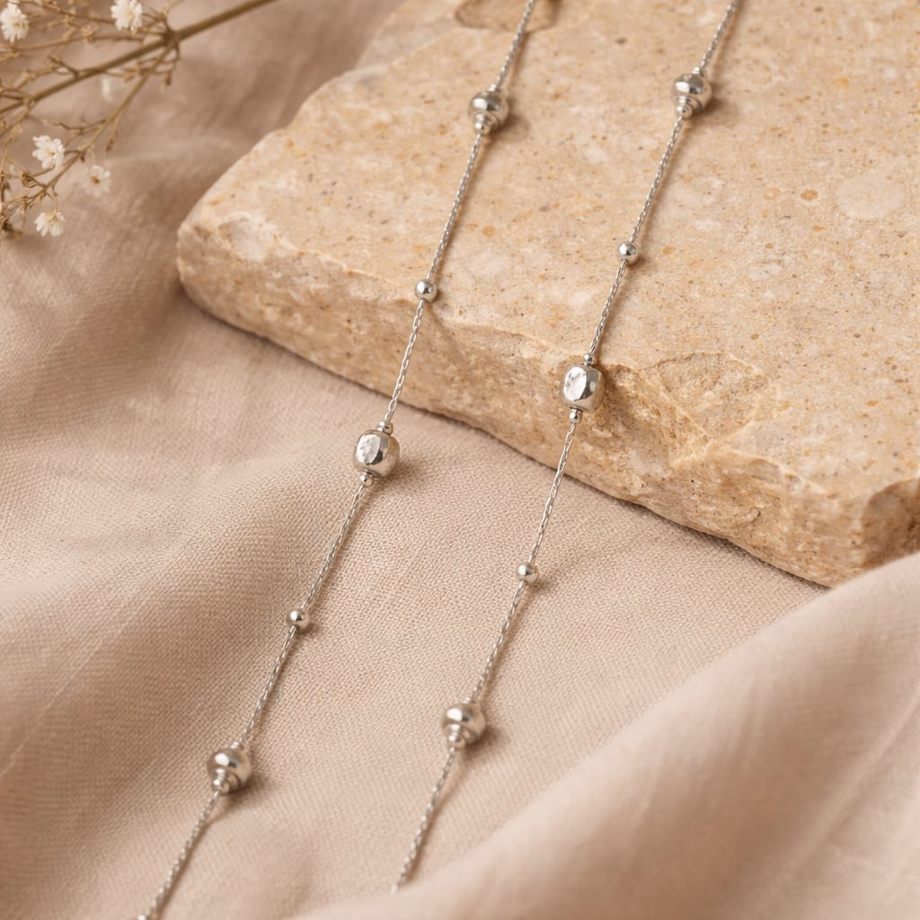 Minimal Beaded Silver Anklet (Pair)
