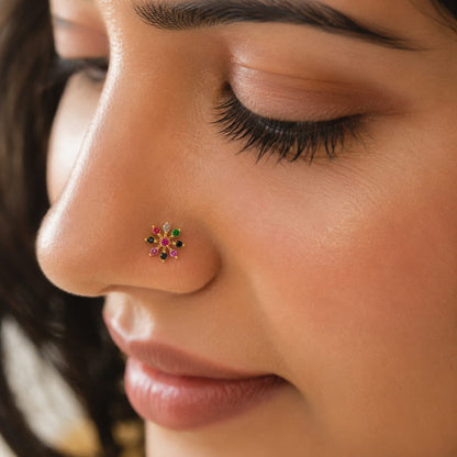 Multicolor Floral Nose Pin in 925 Sterling Silver