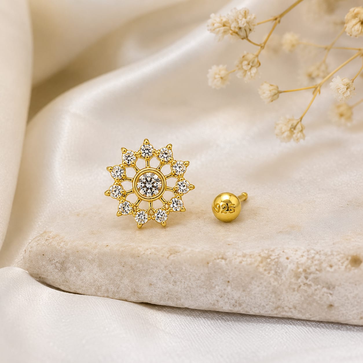 Sunburst Zircon Nose Pin in 925 Sterling Silver