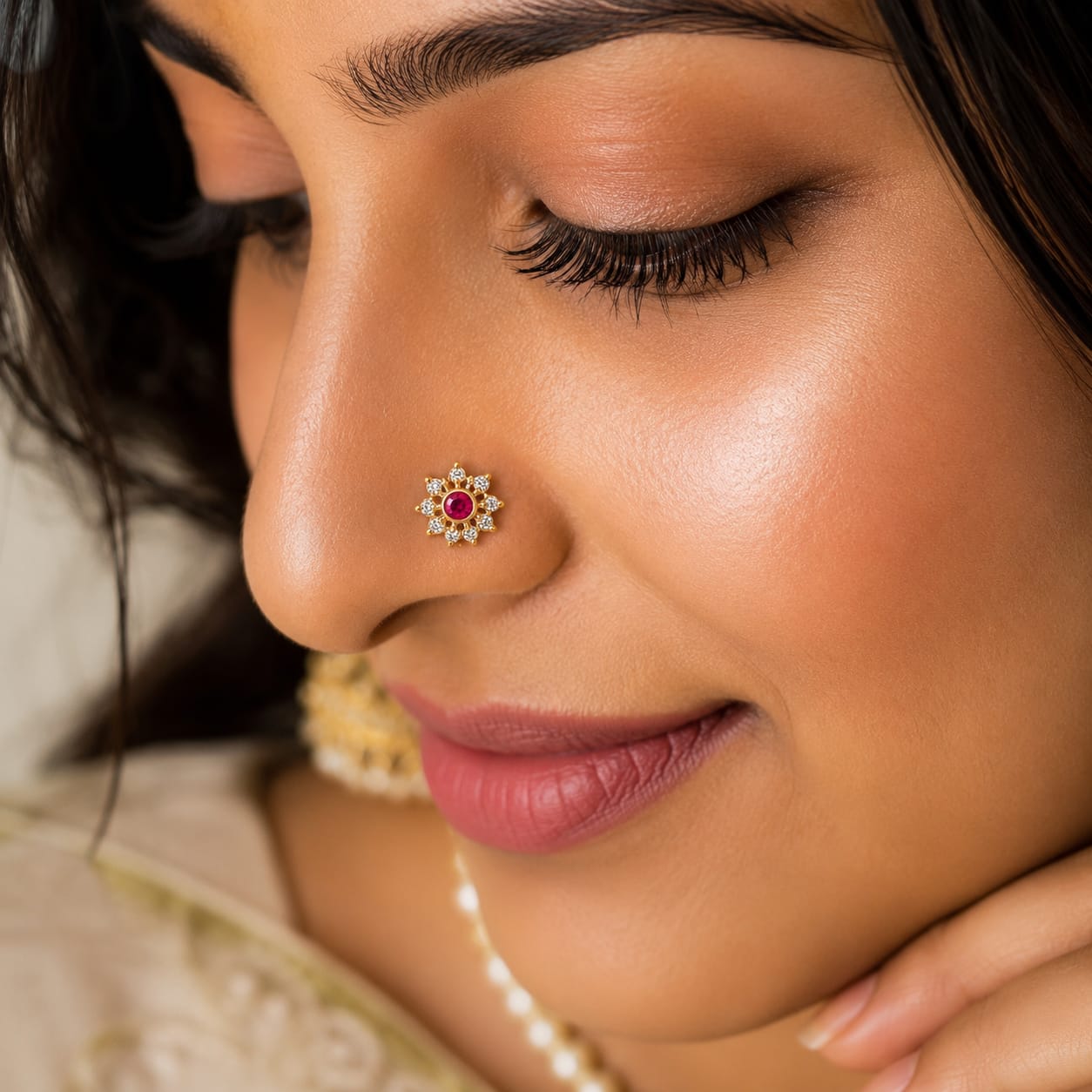Ruby Blossom Nose Pin in 925 Sterling Silver