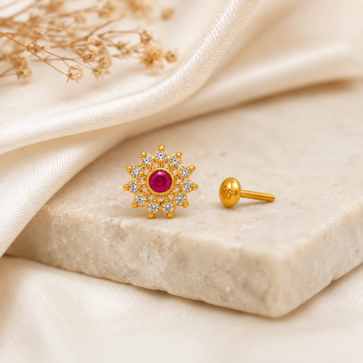 Ruby Blossom Nose Pin in 925 Sterling Silver
