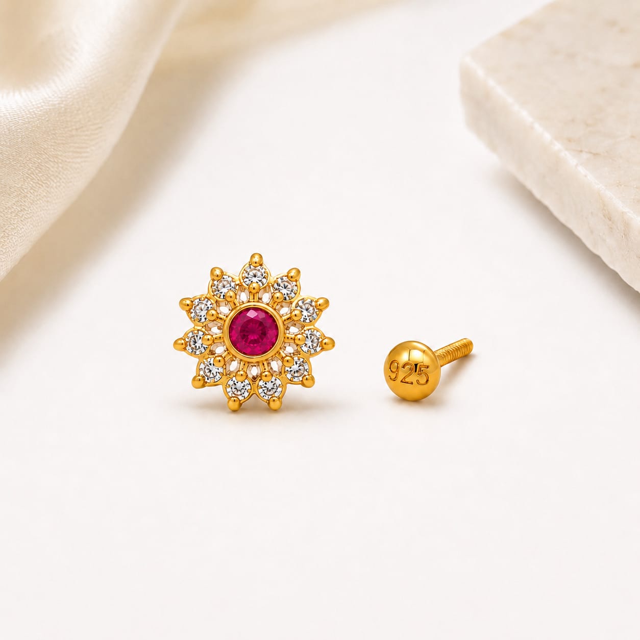 Ruby Blossom Nose Pin in 925 Sterling Silver