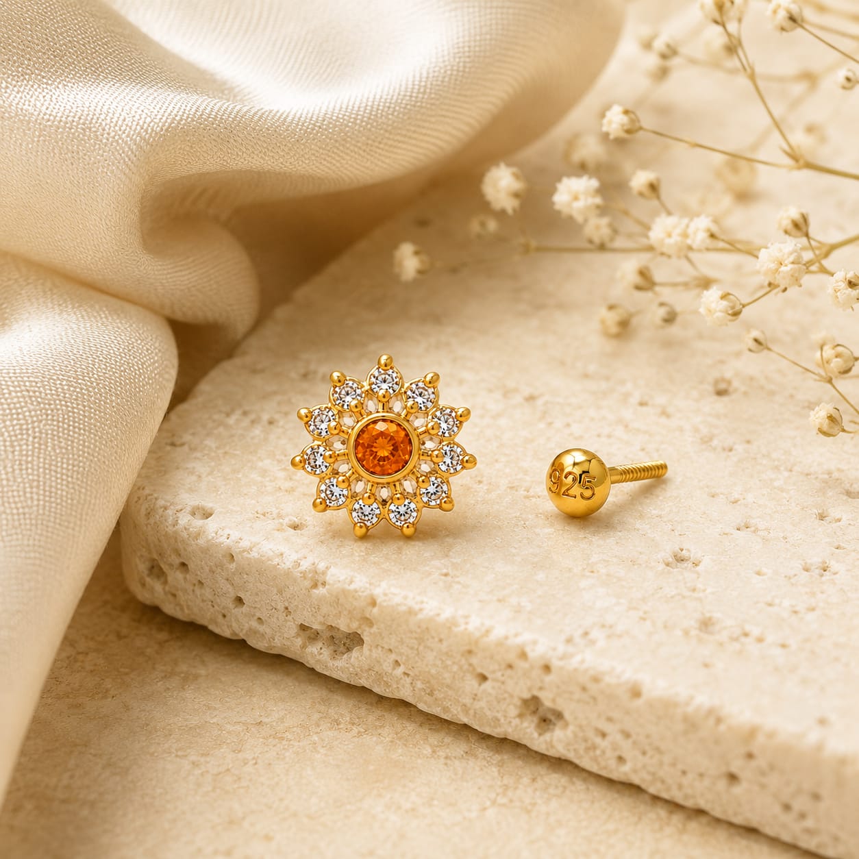 Amber Bloom Nose Pin in 925 Sterling Silver
