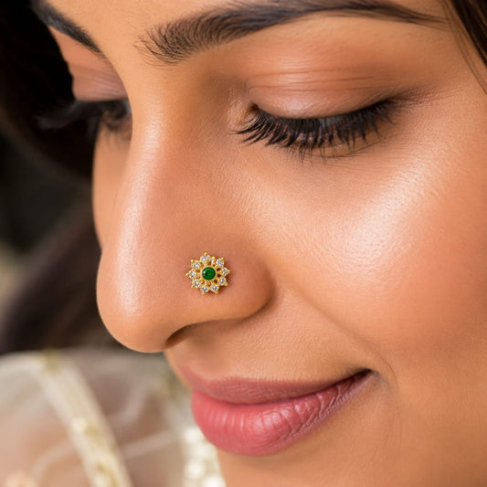Emerald Radiance Floral Nose Pin in 925 Sterling Silver