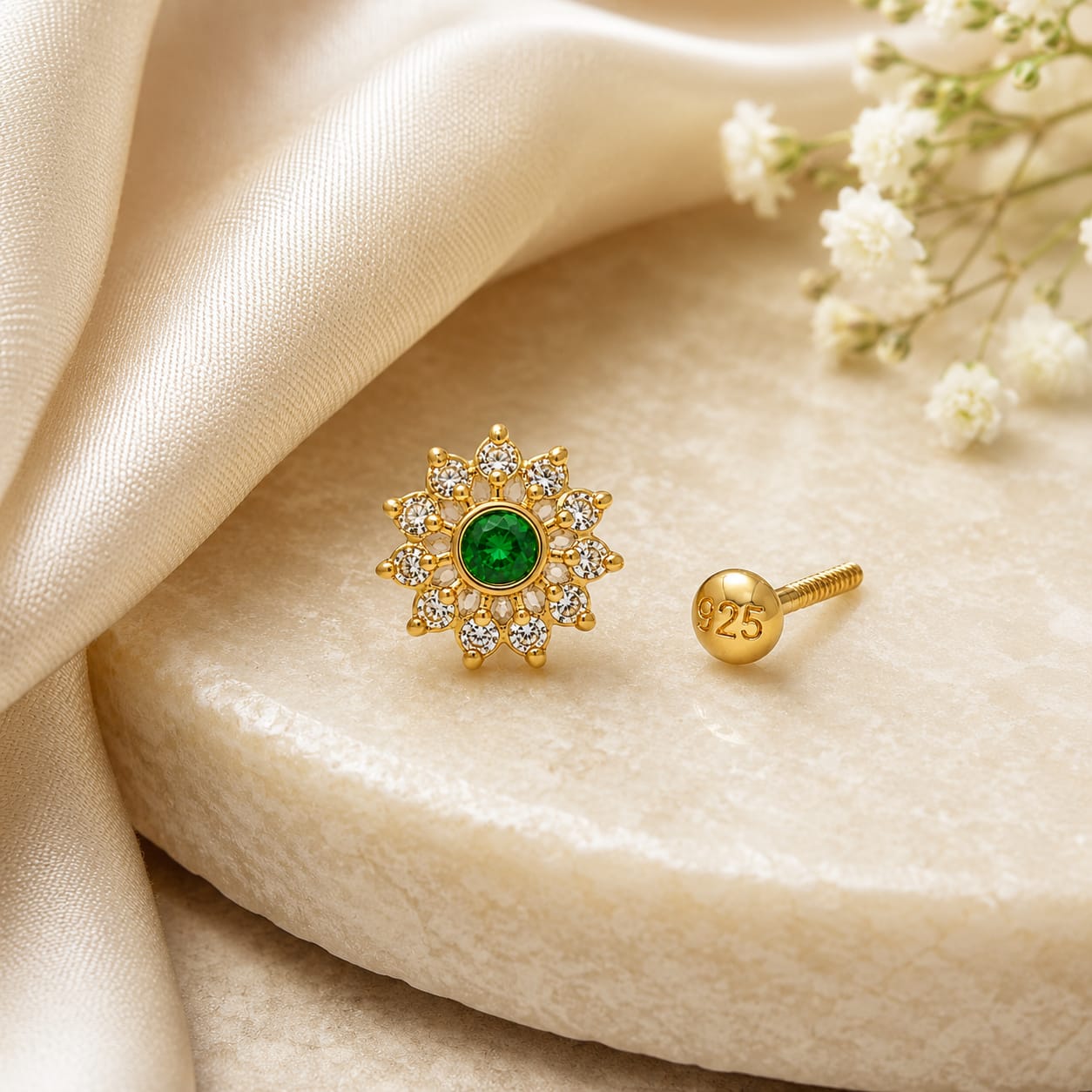 Emerald Radiance Floral Nose Pin in 925 Sterling Silver