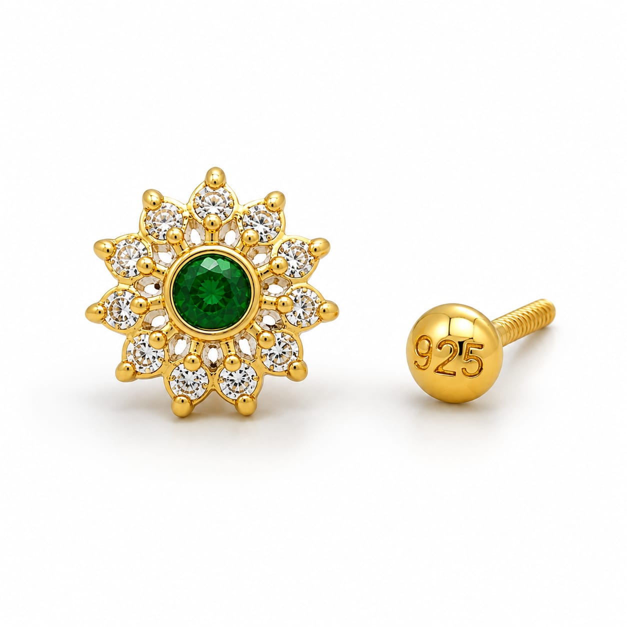 Emerald Radiance Floral Nose Pin in 925 Sterling Silver