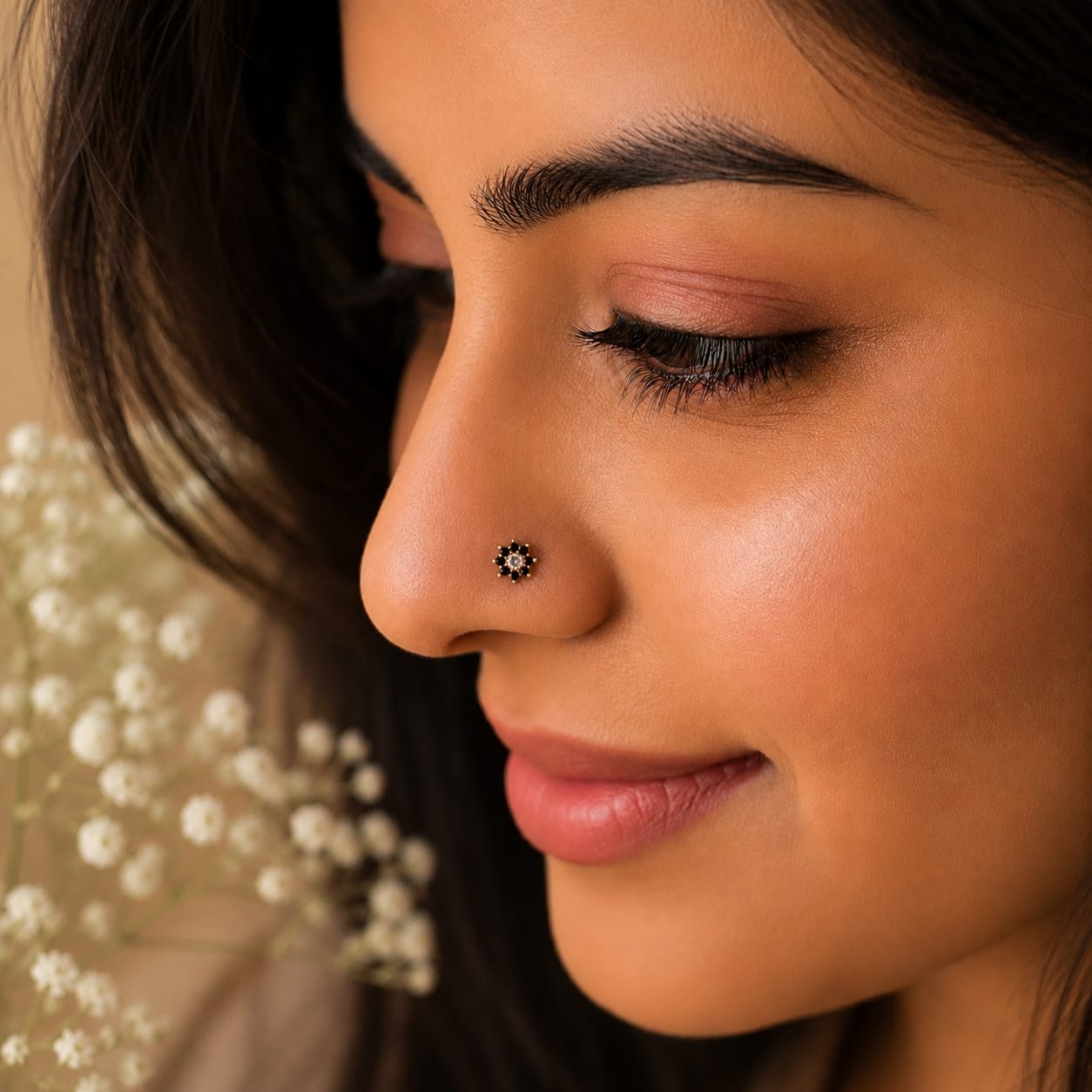 Midnight Black Floral Zircon Nose Pin in 925 Sterling Silver