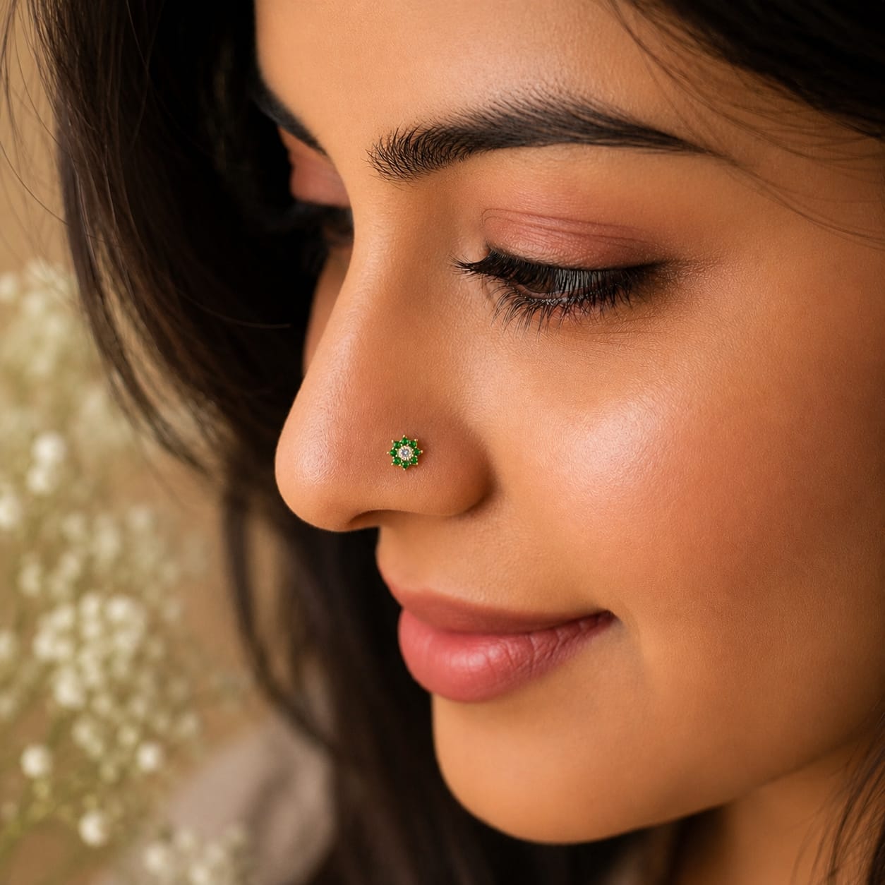 Emerald Green Floral Zircon Nose Pin in 925 Sterling Silver