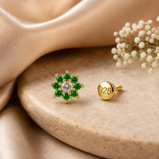 Emerald Green Floral Zircon Nose Pin in 925 Sterling Silver