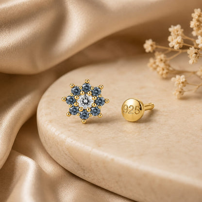 Smoky Blue Floral Zircon Nose Pin in 925 Sterling Silver