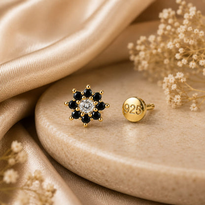 Midnight Black Floral Zircon Nose Pin in 925 Sterling Silver